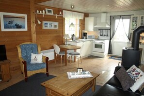 Smart TV, fireplace, books, stereo