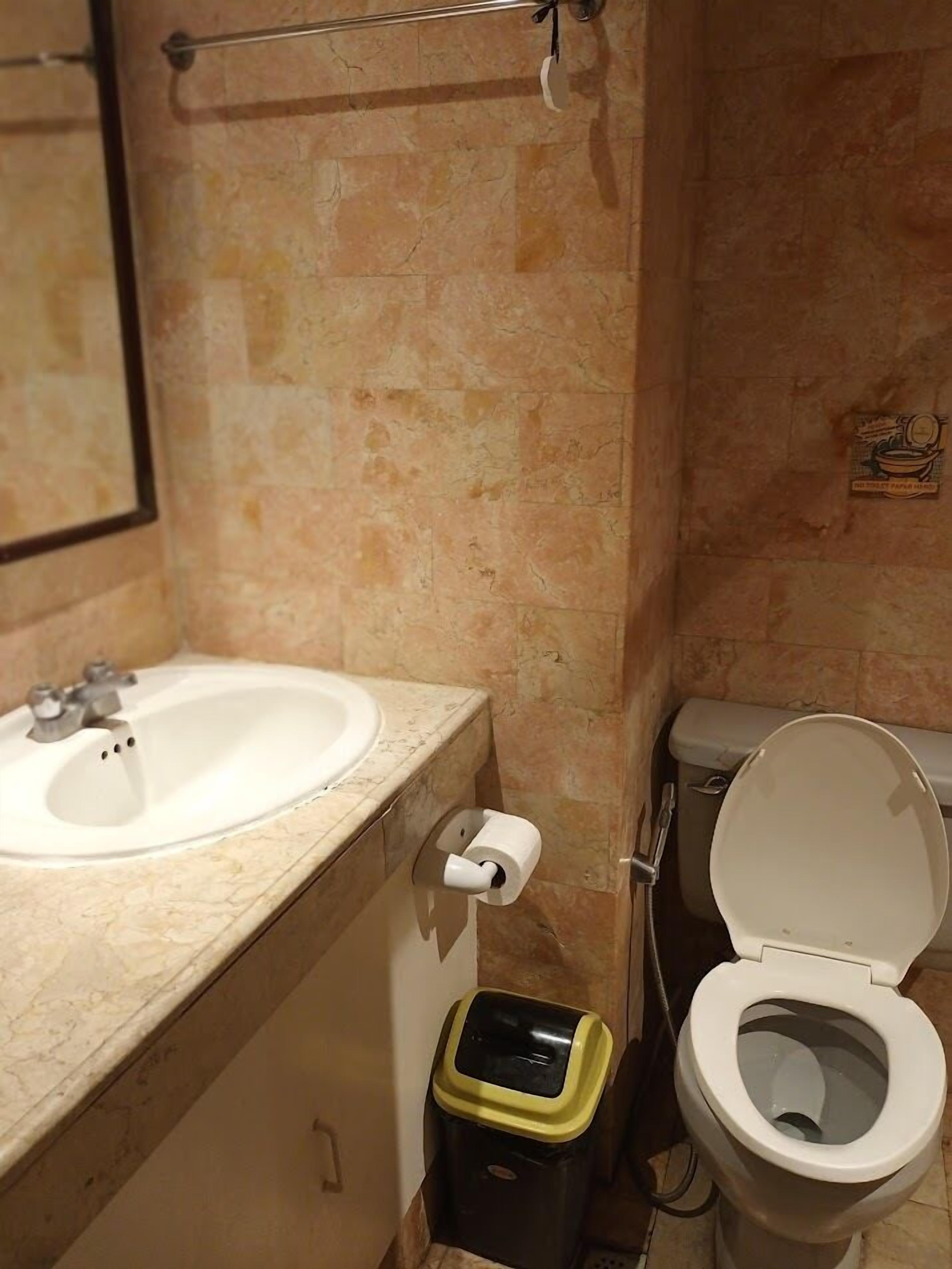 A bathroom with a sink, toilet, and trash bin.