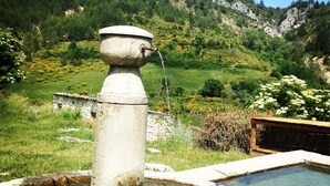 A stone water pump in a rural setting with a clear view of a mountainous landscape in the background. - Maison de Campagne Tilleul (Beynes)