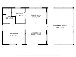 Planta baixa mostrando um quarto, banheiro, cozinha, sala de jantar, sala de estar e varanda com proteção.