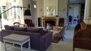 TV, fireplace, table tennis, books