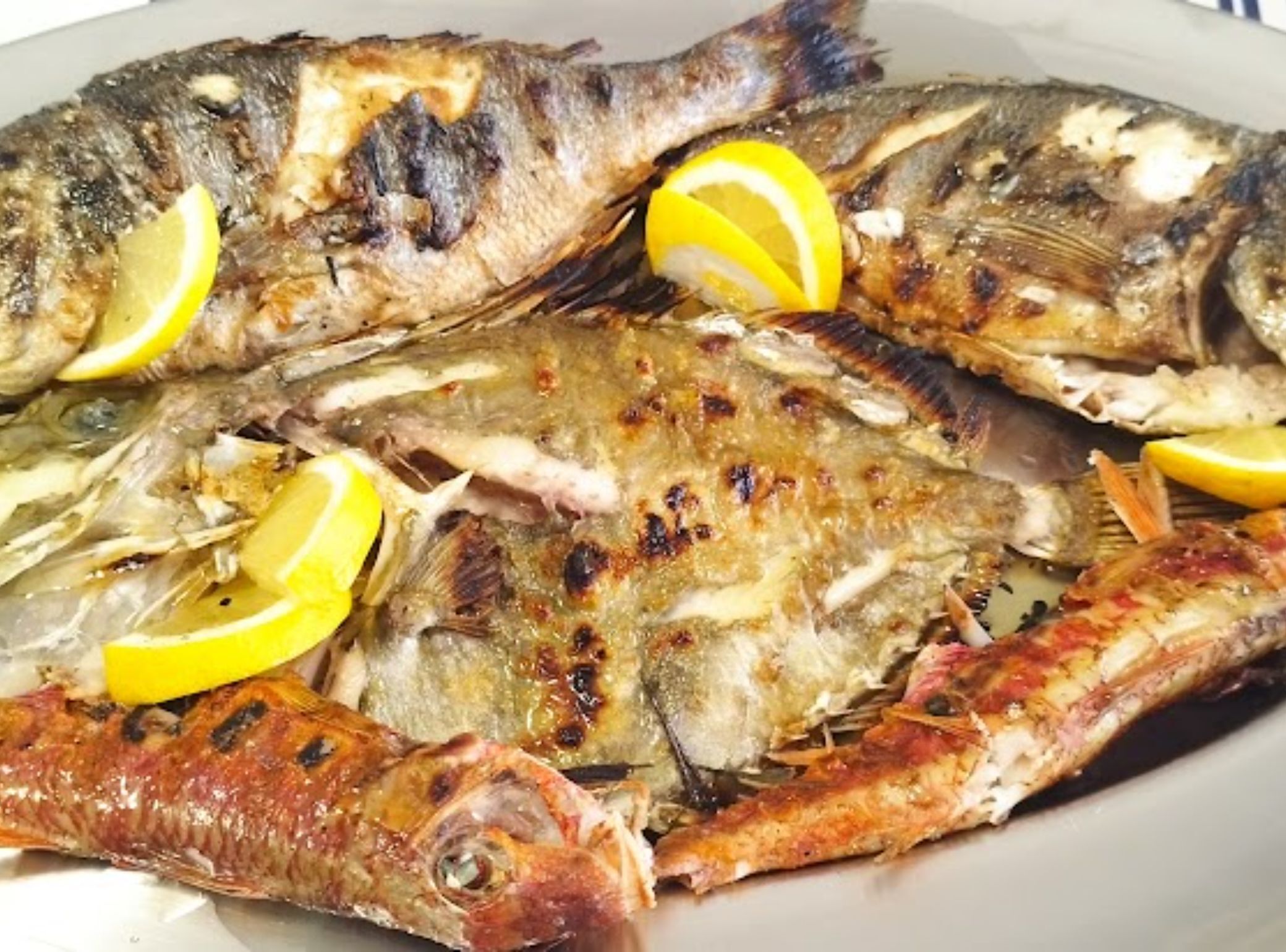 A plate of grilled fish with lemon slices.