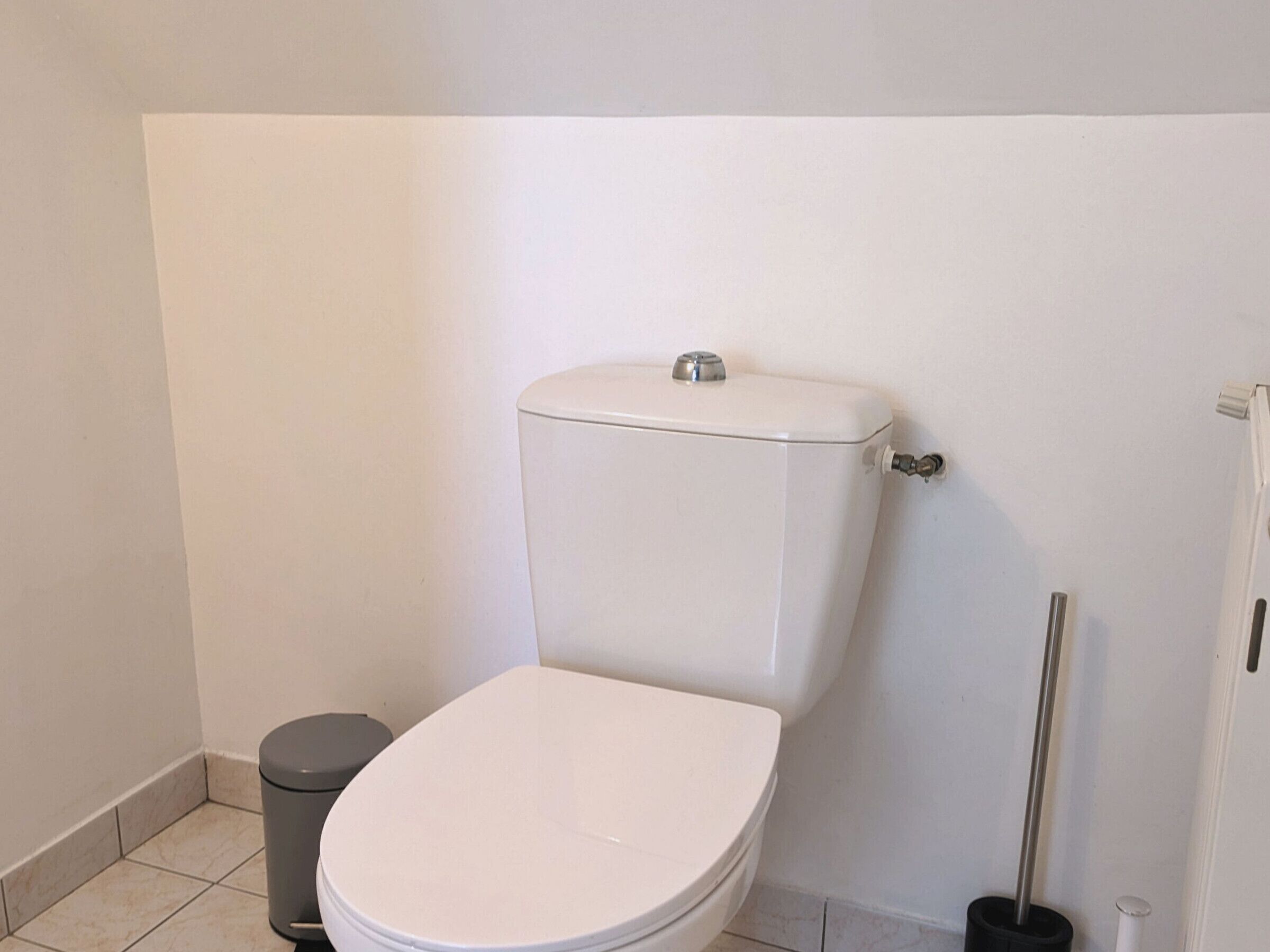 A standard white toilet with a tank, a small trash bin, and a toilet brush.