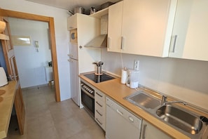 A compact kitchen with a stove, oven, dishwasher, and a sink.