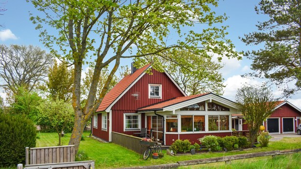 Ein rotes Holzhaus mit Veranda und großen Fenstern, umgeben von Grünpflanzen und Bäumen.