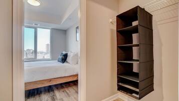 1 bedroom, desk, iron/ironing board, travel cot