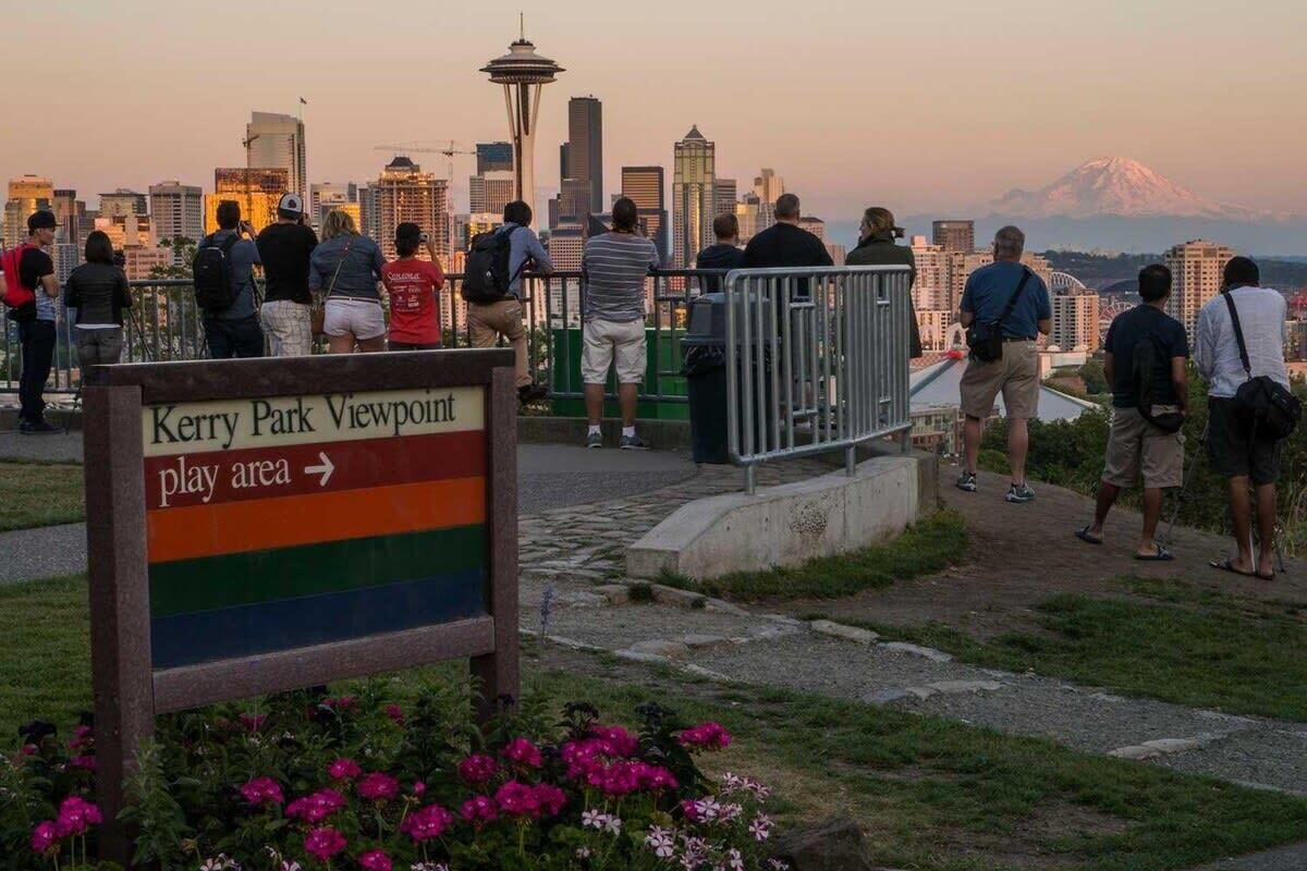 A view from Kerry Park Viewpoint with a sign indicating a play area.