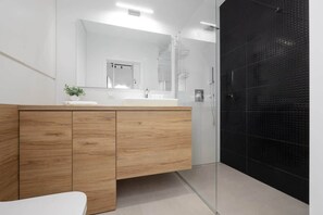 Shower, hair dryer, towels, shampoo