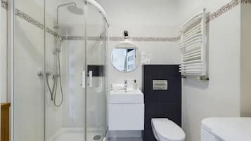 Chuveiro, secador de cabelo, toalhas de banho, shampoo