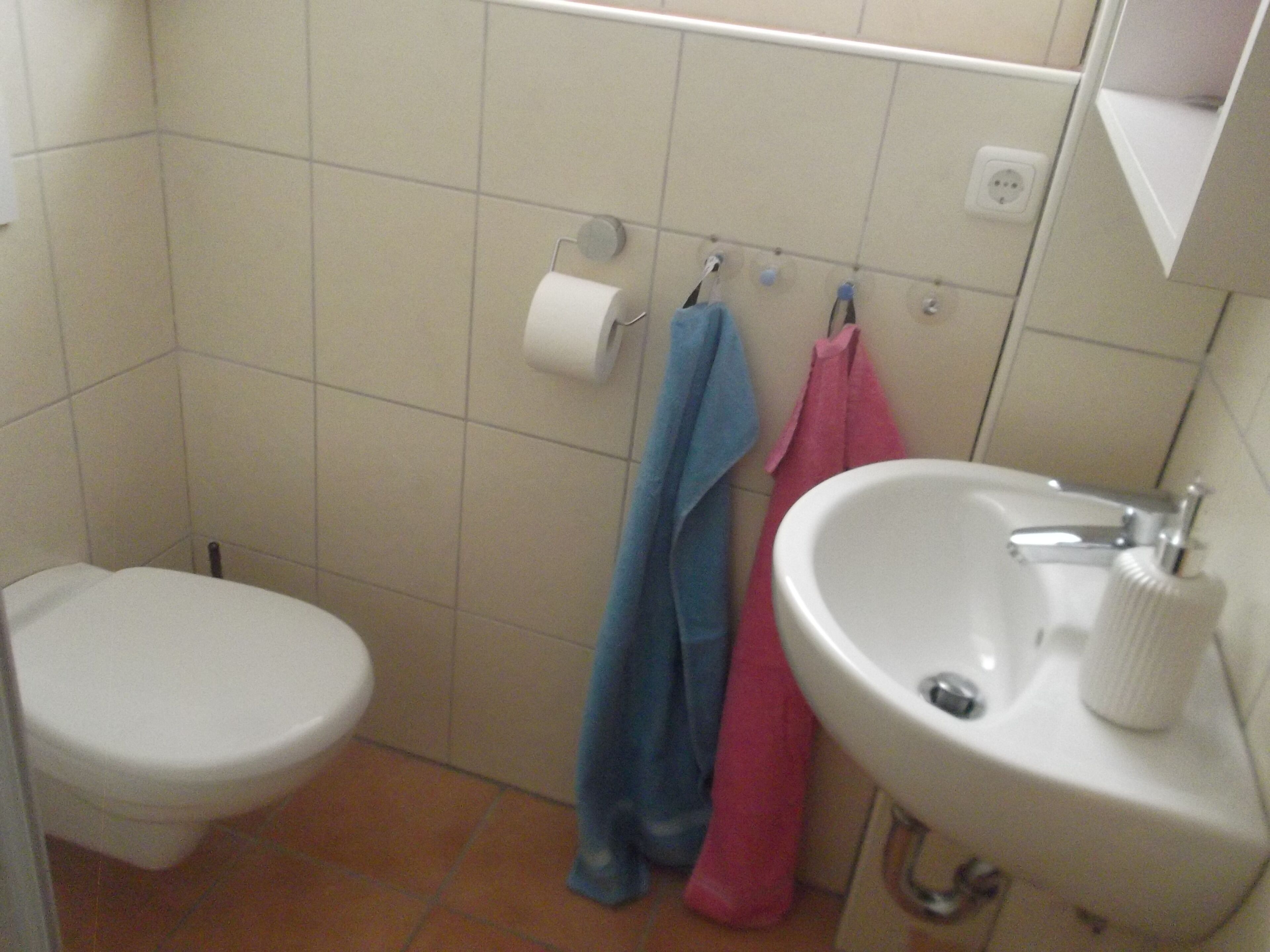 A small bathroom with a toilet, sink, and towel rack.