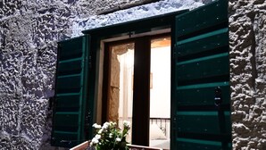 A window with green shutters, a potted plant, and a stone wall. - Apartment Rural Podastrana (Hrvace)