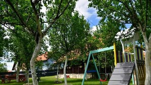 A playground with a swing set and a slide, surrounded by trees and grass. - Tetina Kuća (Saborsko)