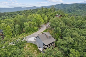 A house surrounded by dense forest with a winding road leading to it.