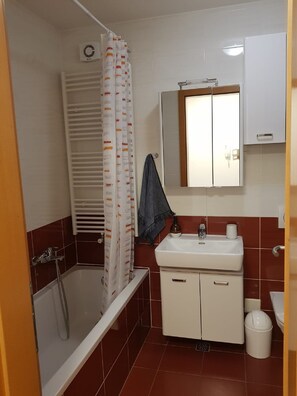 Bathroom features a bathtub, sink, and toilet, with a two-tone tile design.