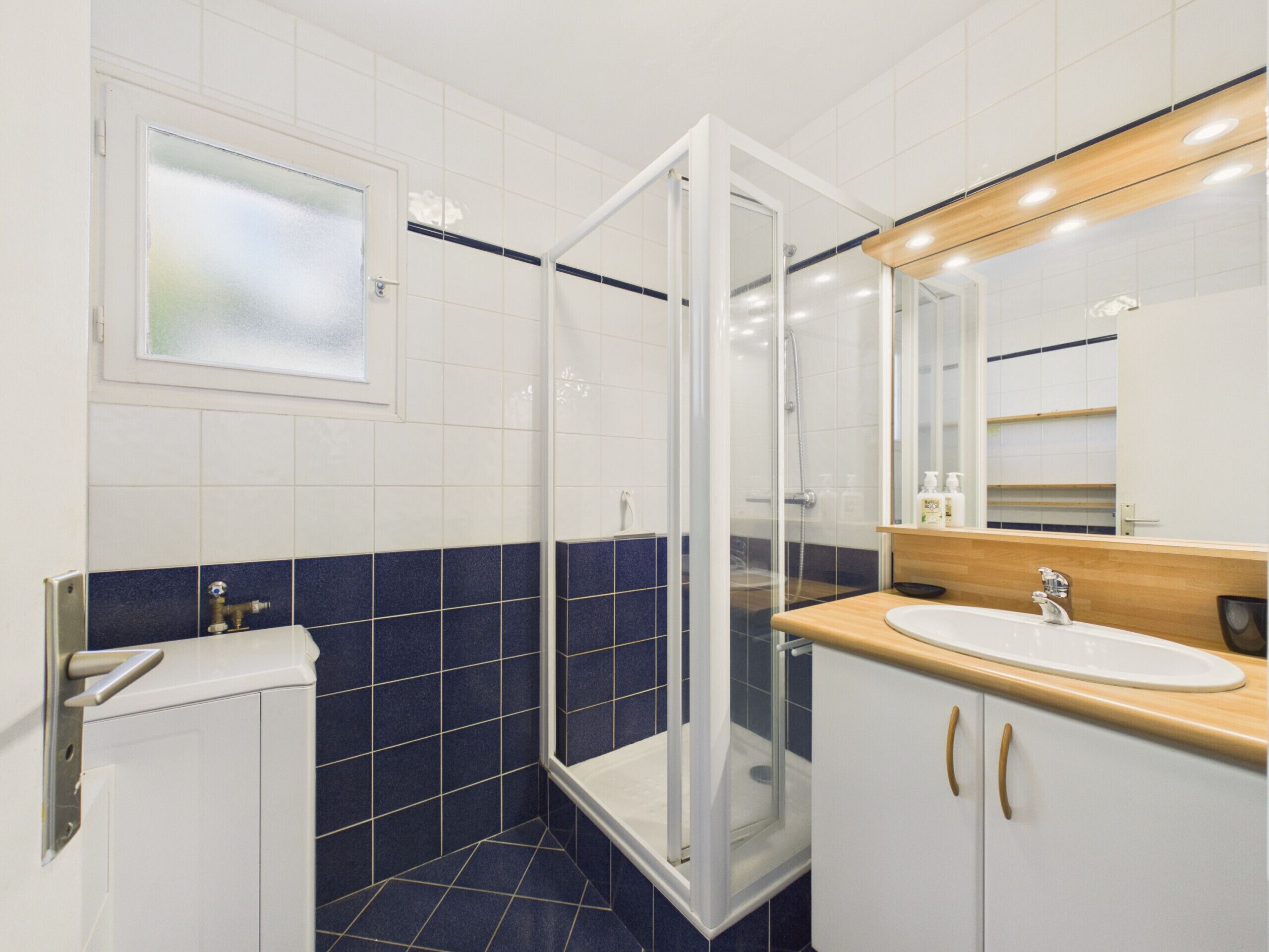 A bathroom with a glass shower enclosure, a sink with a wooden countertop, and a mirror above the sink.