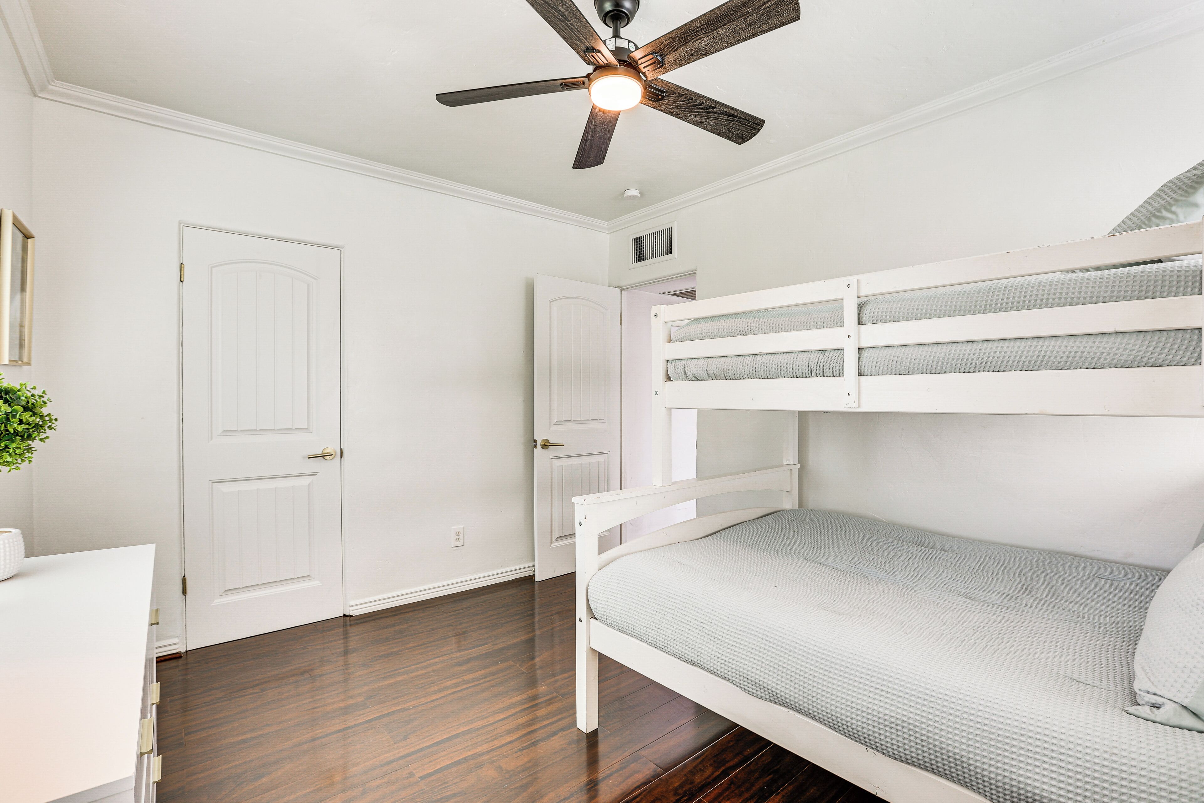 A bedroom with a bunk bed, a ceiling fan, a white door, and a small plant.