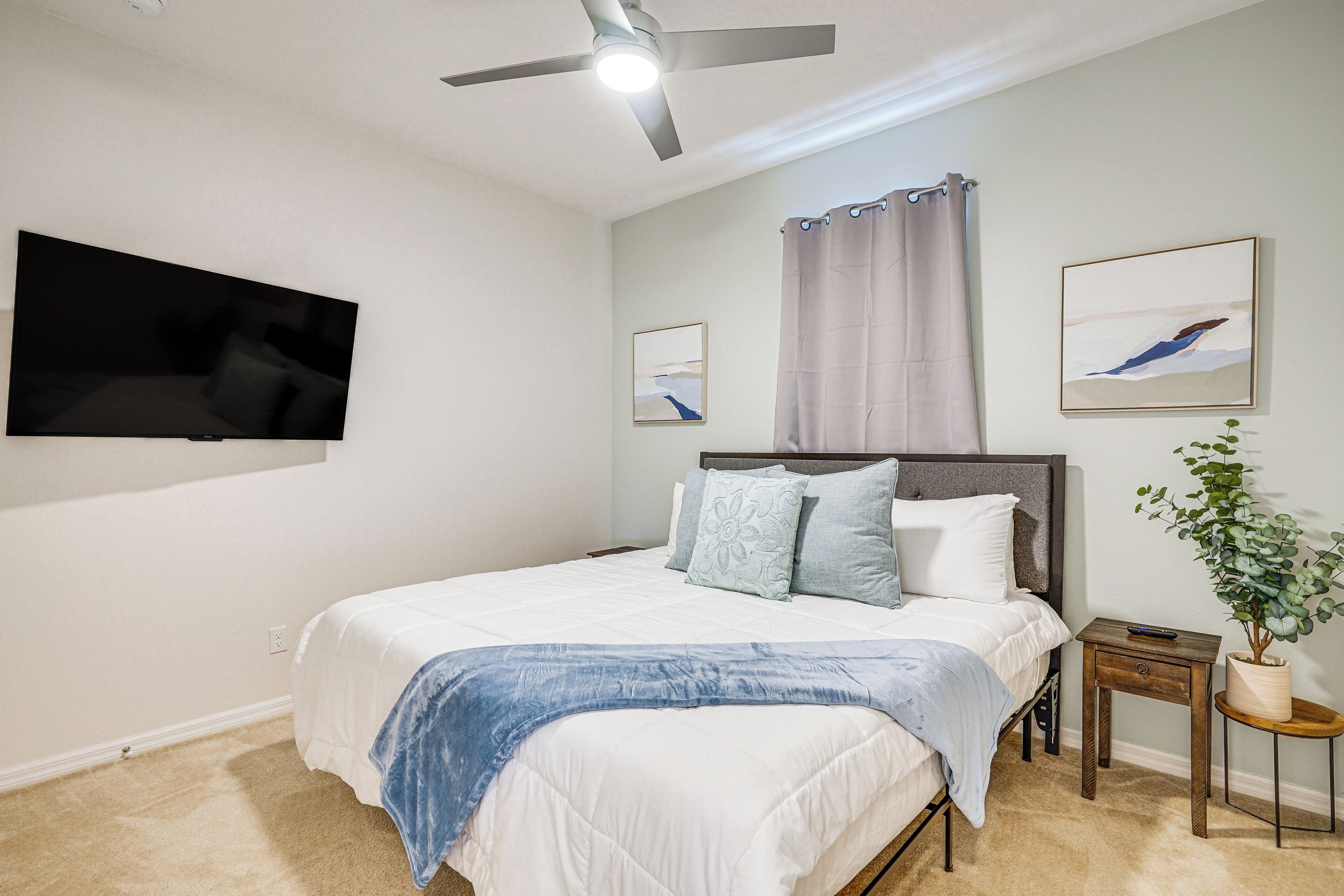 A bedroom with a bed, a ceiling fan, a TV mounted on the wall, a nightstand with a plant, and artwork on the walls.