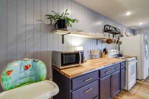A kitchen with a microwave, stove, and cabinets. There is a plant on a shelf and a chair with a frog design. - Sevierville Home w/ Mountain & Countryside Views (Sevierville)