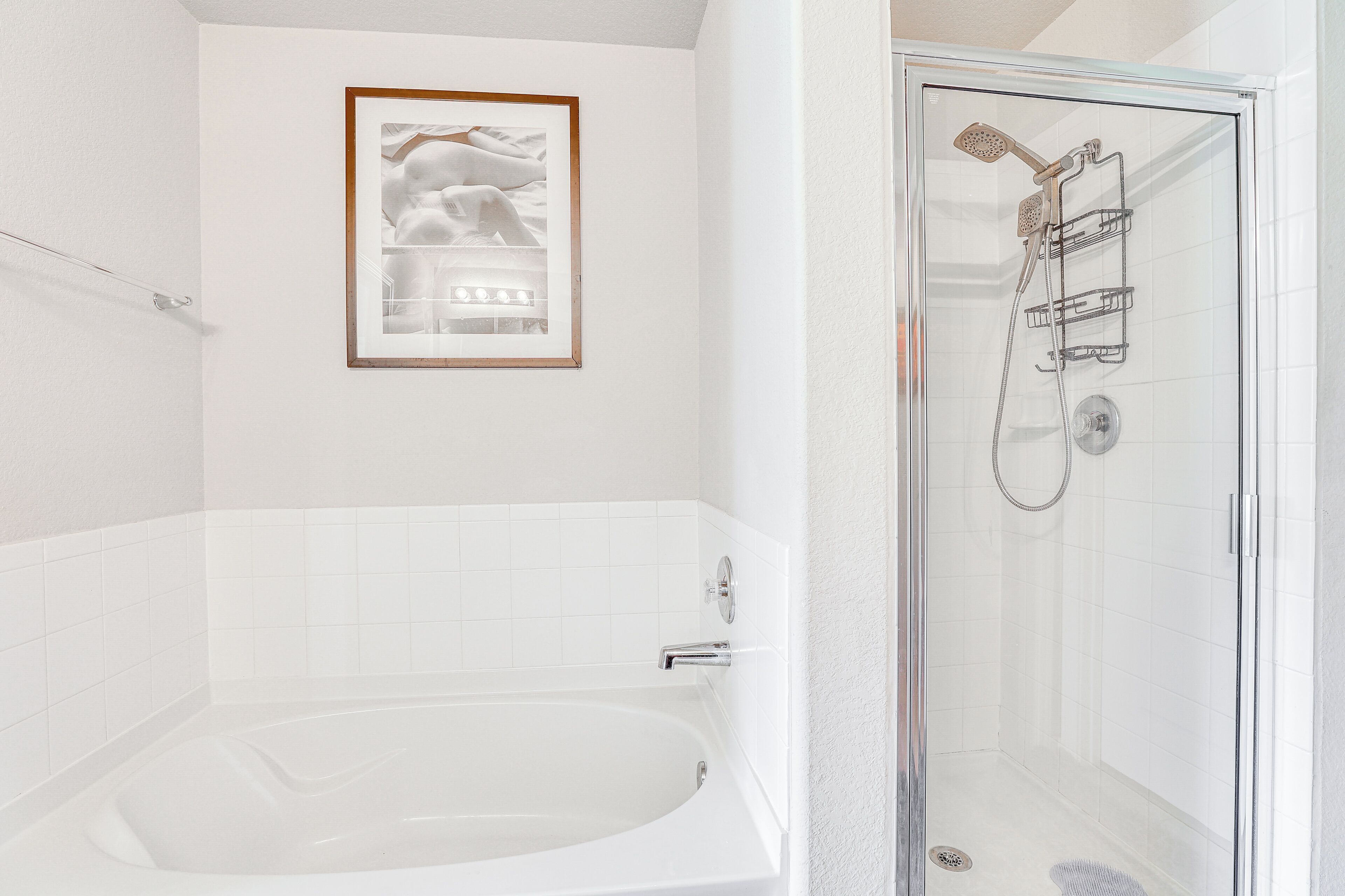 A bathroom with a white bathtub, a glass-enclosed shower, and a framed picture on the wall.