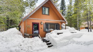 A wooden cabin with a red door, surrounded by snow and trees. - Island Park Cabin Getaway < 24 Mi to Yellowstone! (Island Park)