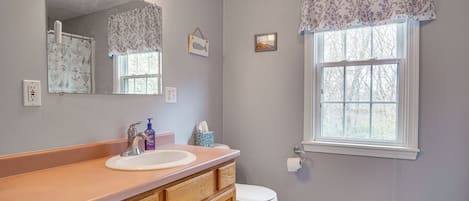 A bathroom with a wooden vanity, a white sink, a mirror, a toilet, and a window with a floral valance.