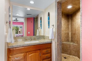 Shower, hair dryer, towels