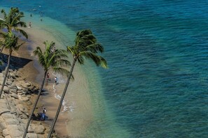 A beach with palm trees and people. - Royal Kahana 1211 2 Bedroom Condo (Lahaina)