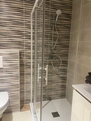 A bathroom with a glass shower enclosure, a toilet, and a sink. - La renaissance  (Saint-Cirgues-en-Montagne)