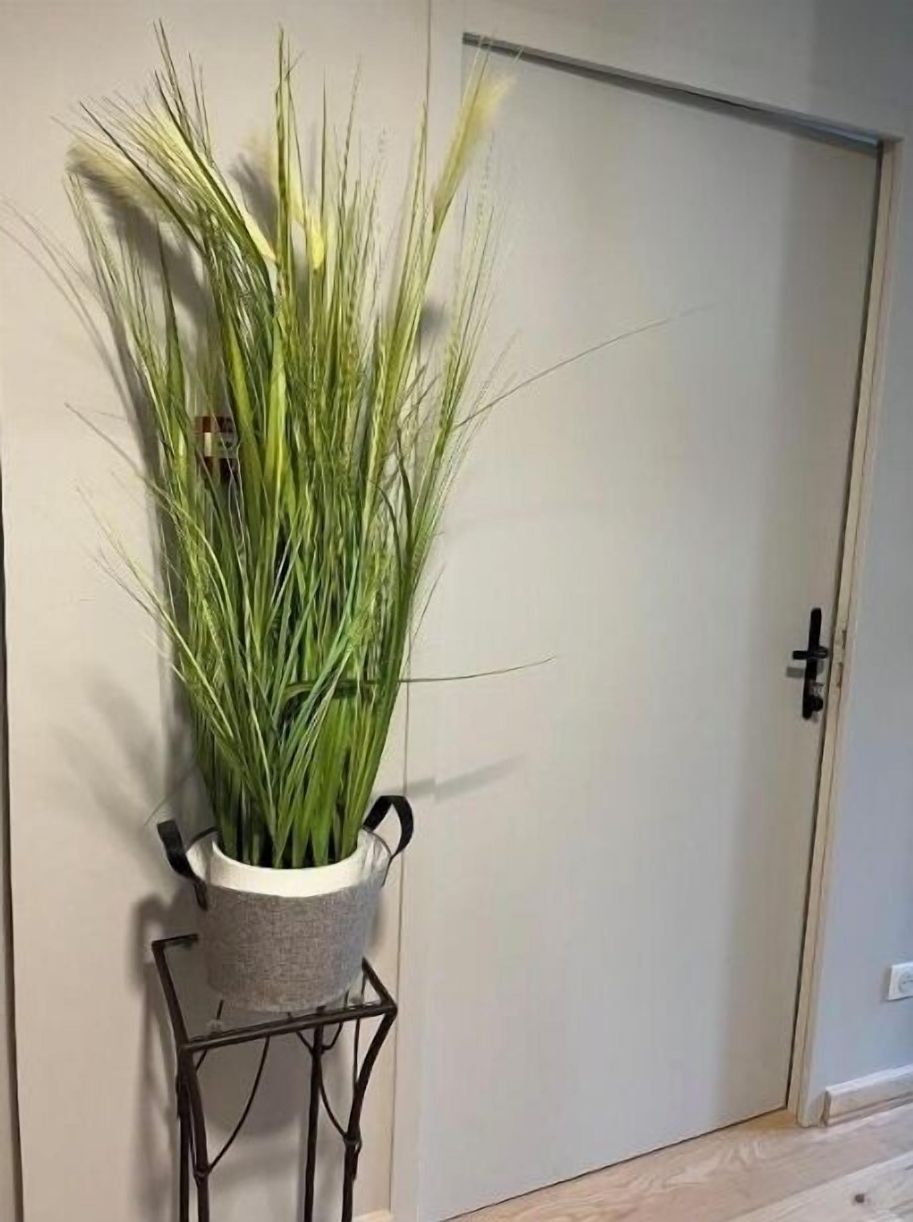 A potted plant with long green leaves on a metal stand against a wall.