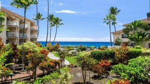 A resort with multiple-story buildings, a well-maintained garden with palm trees, and a view of the ocean.