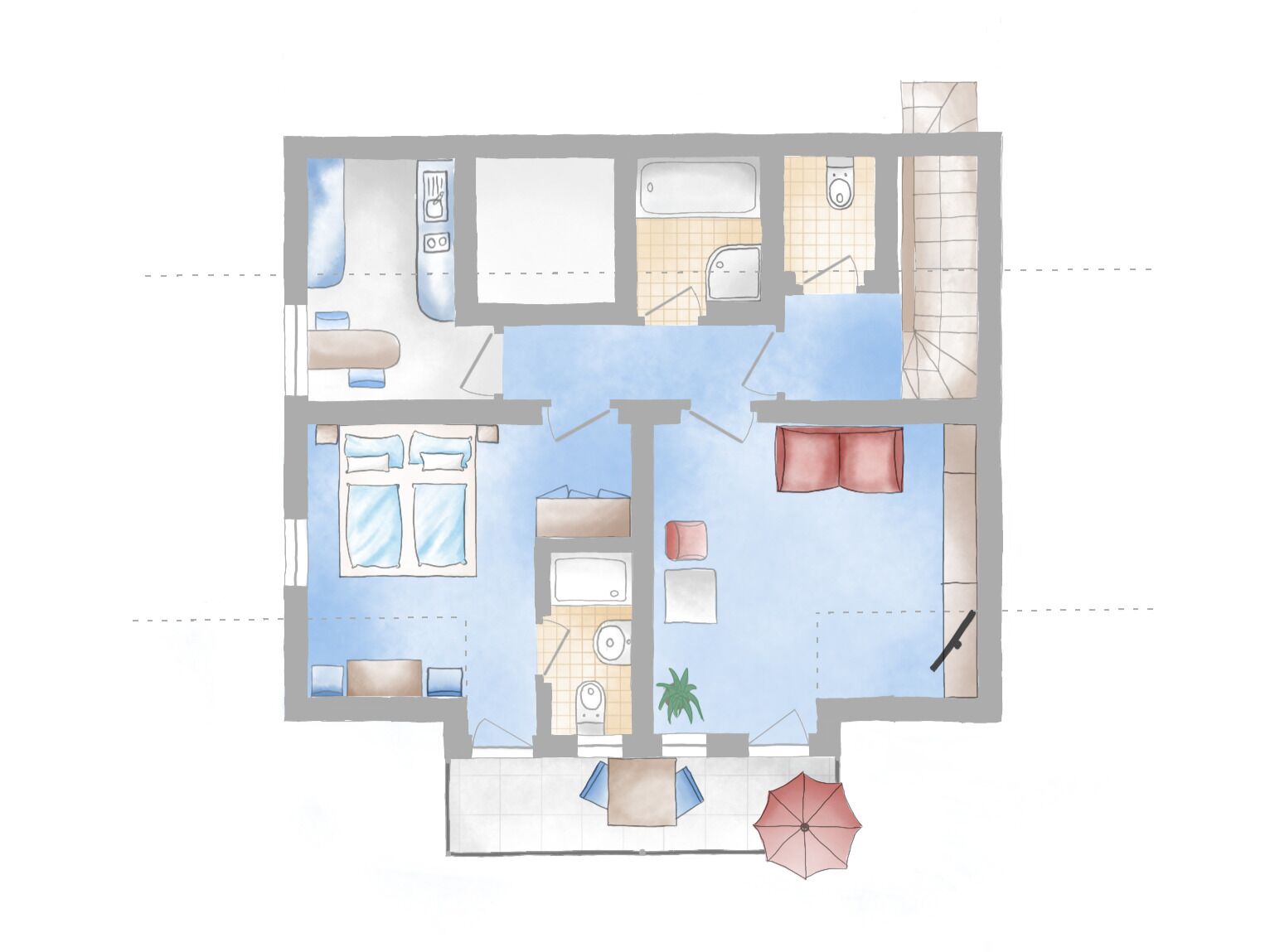 Un plan d’étage d’une chambre d’hôtel comprenant un lit, un bureau, une chaise, une petite table, un canapé, une télévision, une salle de bain et un balcon avec un parasol.
