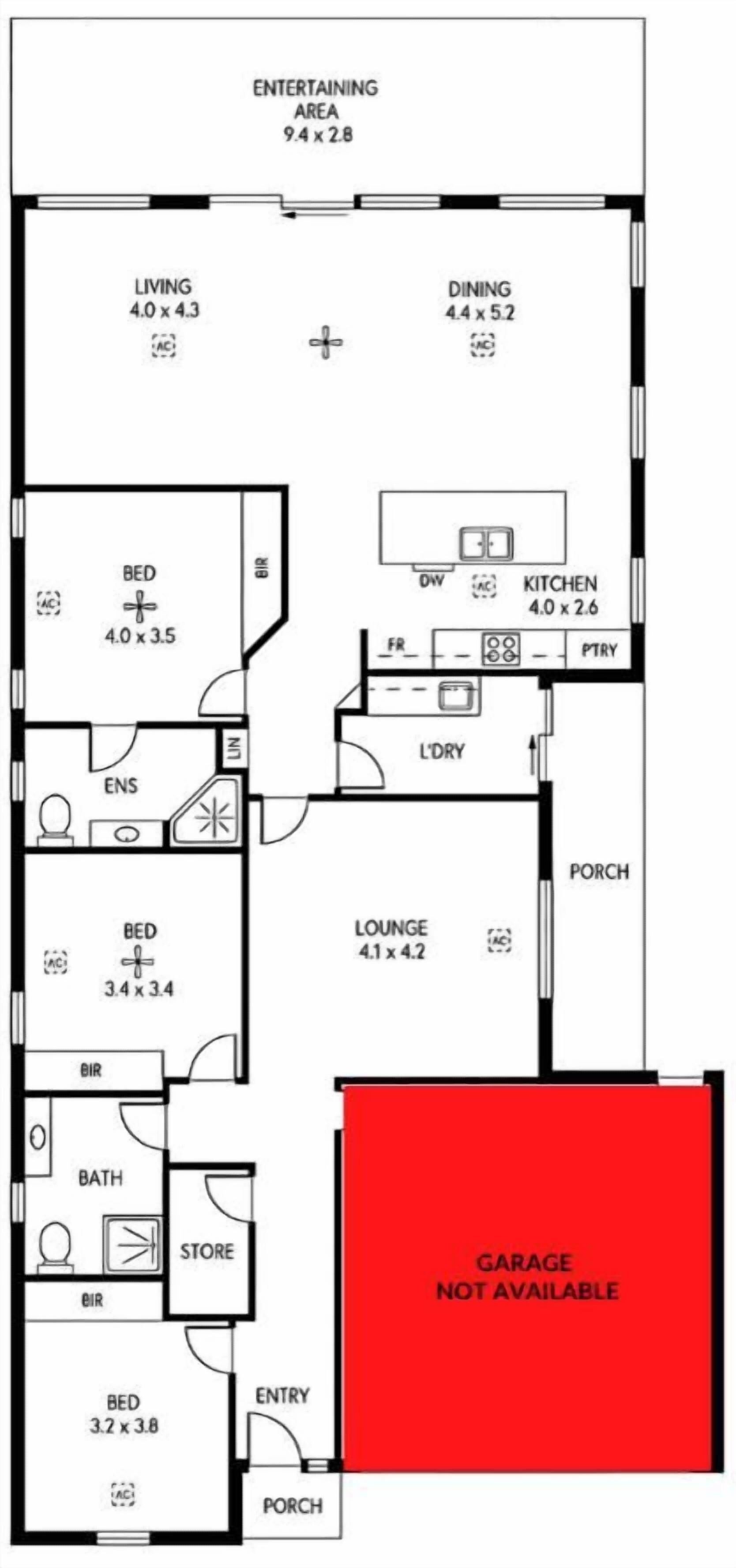 A floor plan with a living room, dining area, kitchen, lounge, and bedrooms.