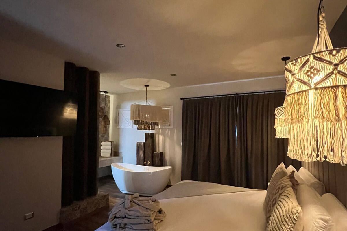 A modern bedroom with a large bed, a built-in bathtub, and a hanging light fixture.