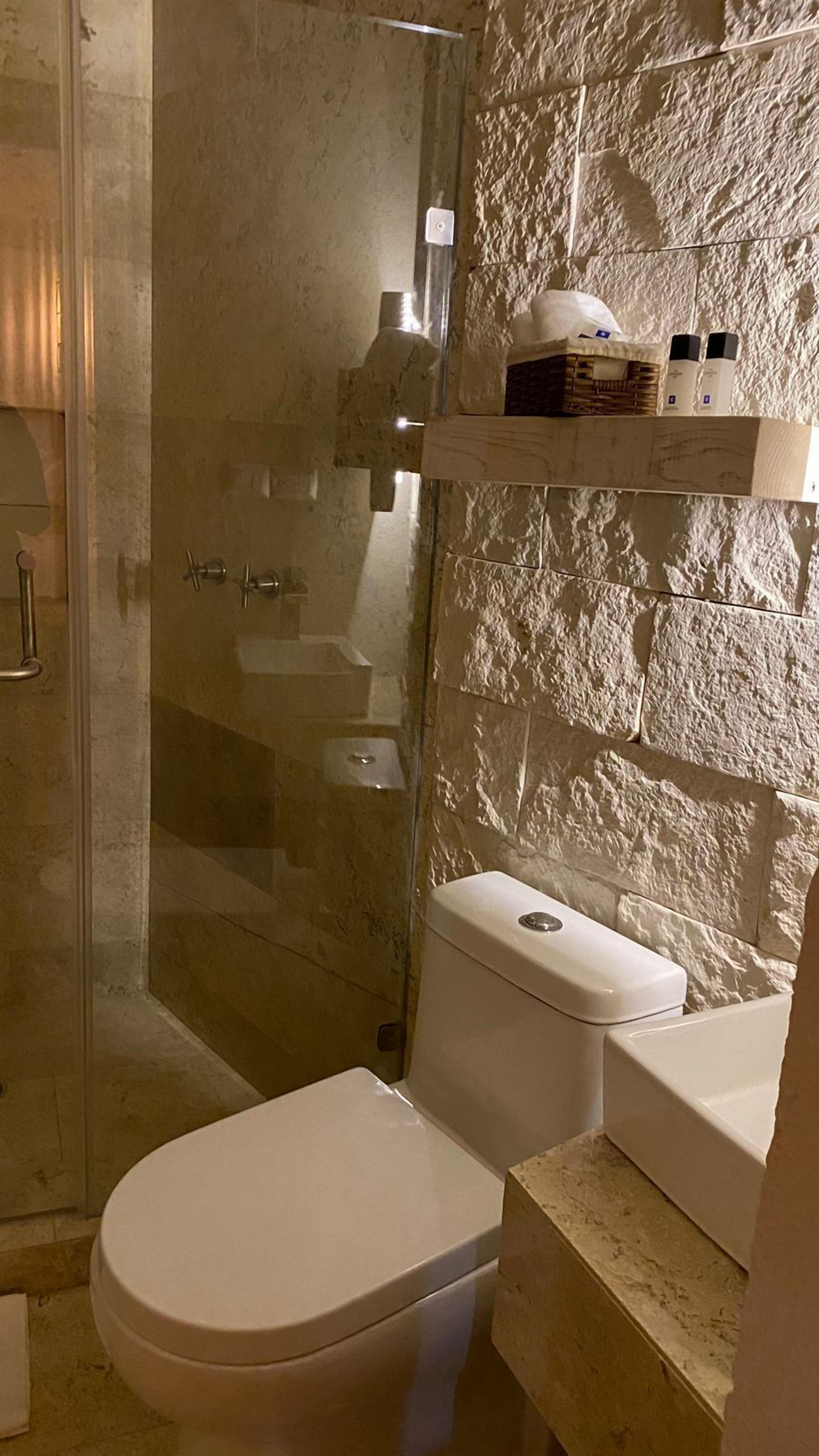 Un baño con cabina de ducha de vidrio, inodoro y estante con artículos de aseo.