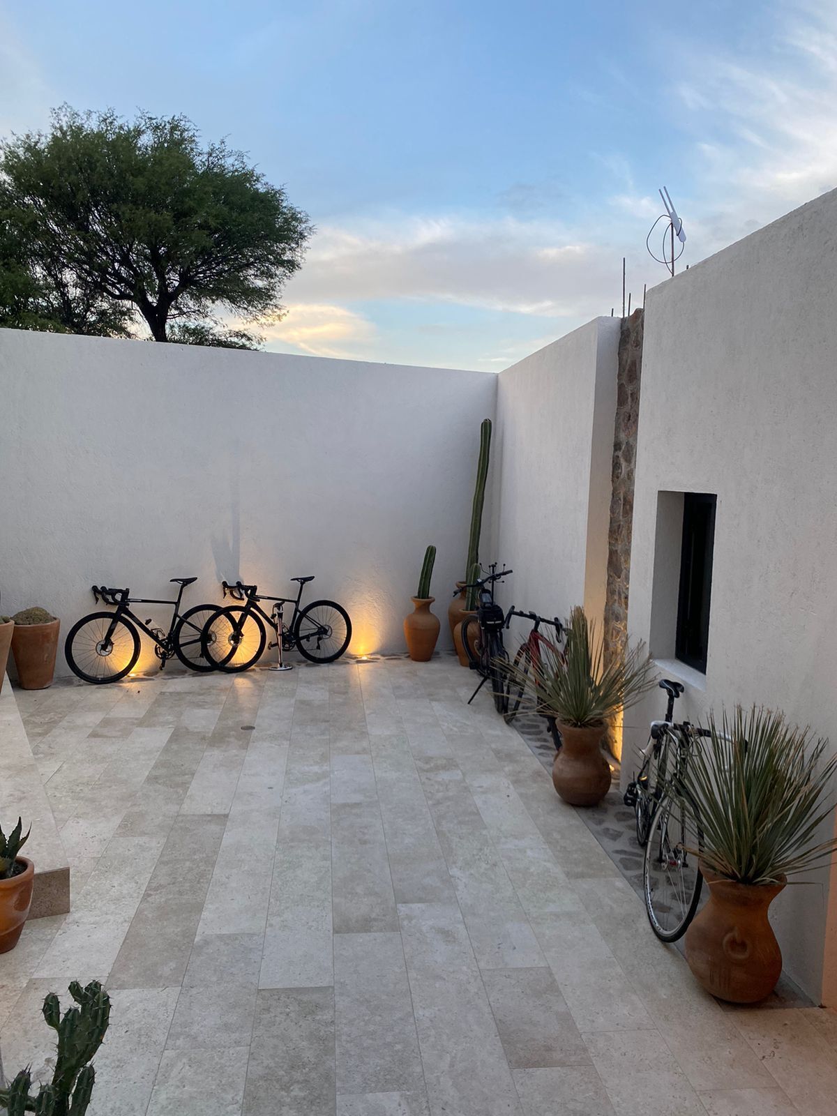 A courtyard with tiled flooring, potted plants, and bicycles.