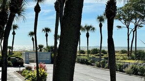 A paved road lined with tall palm trees and a view of the ocean in the distance. - Castaways King Villa on Beach, Free Bikes! (Hilton Head Island)