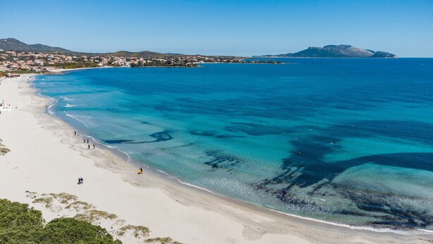 Vue aérienne d’une plage aux eaux turquoise et limpides, avec un rivage sablonneux et une végétation luxuriante au premier plan.