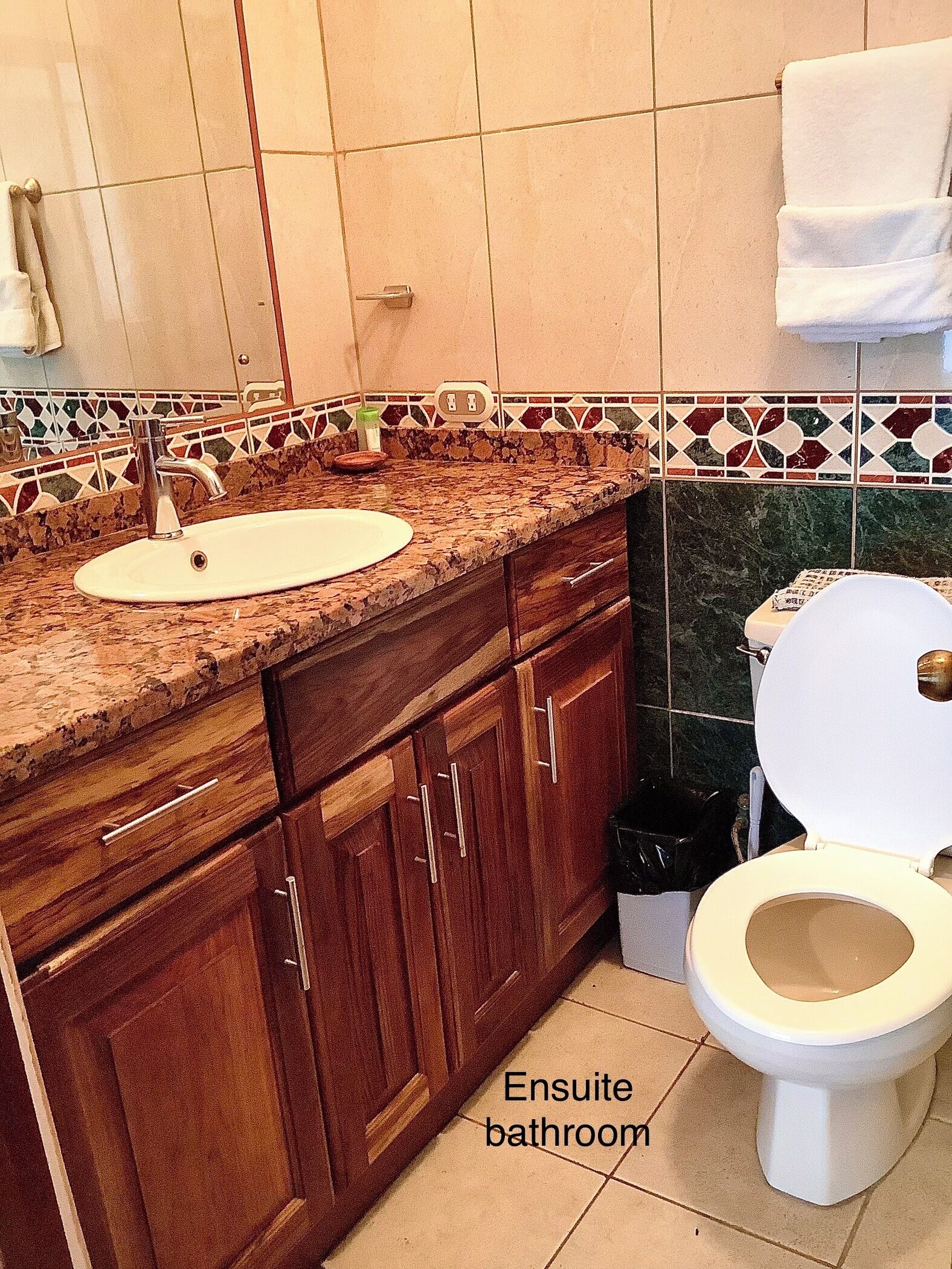 Baño privado con lavamanos, armarios de madera y un inodoro.