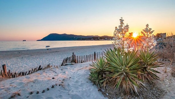 Una playa con una cerca de madera y plantas de agave, un atardecer al fondo y una montaña distante.