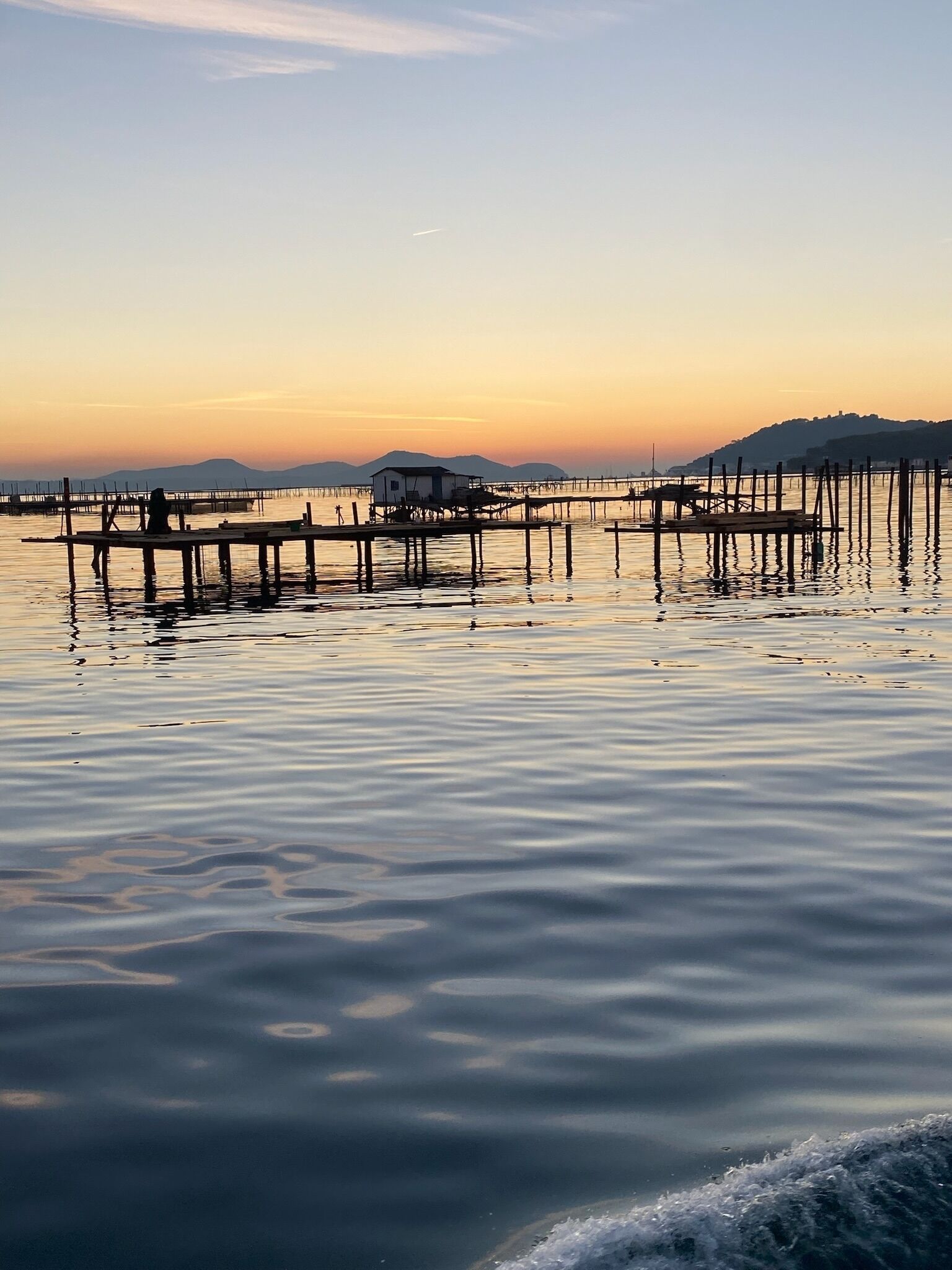 A calm waterfront with wooden piers and a small building, likely a dock or boathouse, under a clear sky.