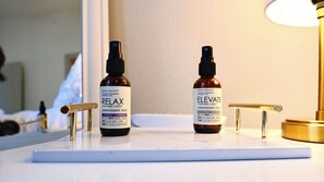 Hair dryer, towels, soap, shampoo