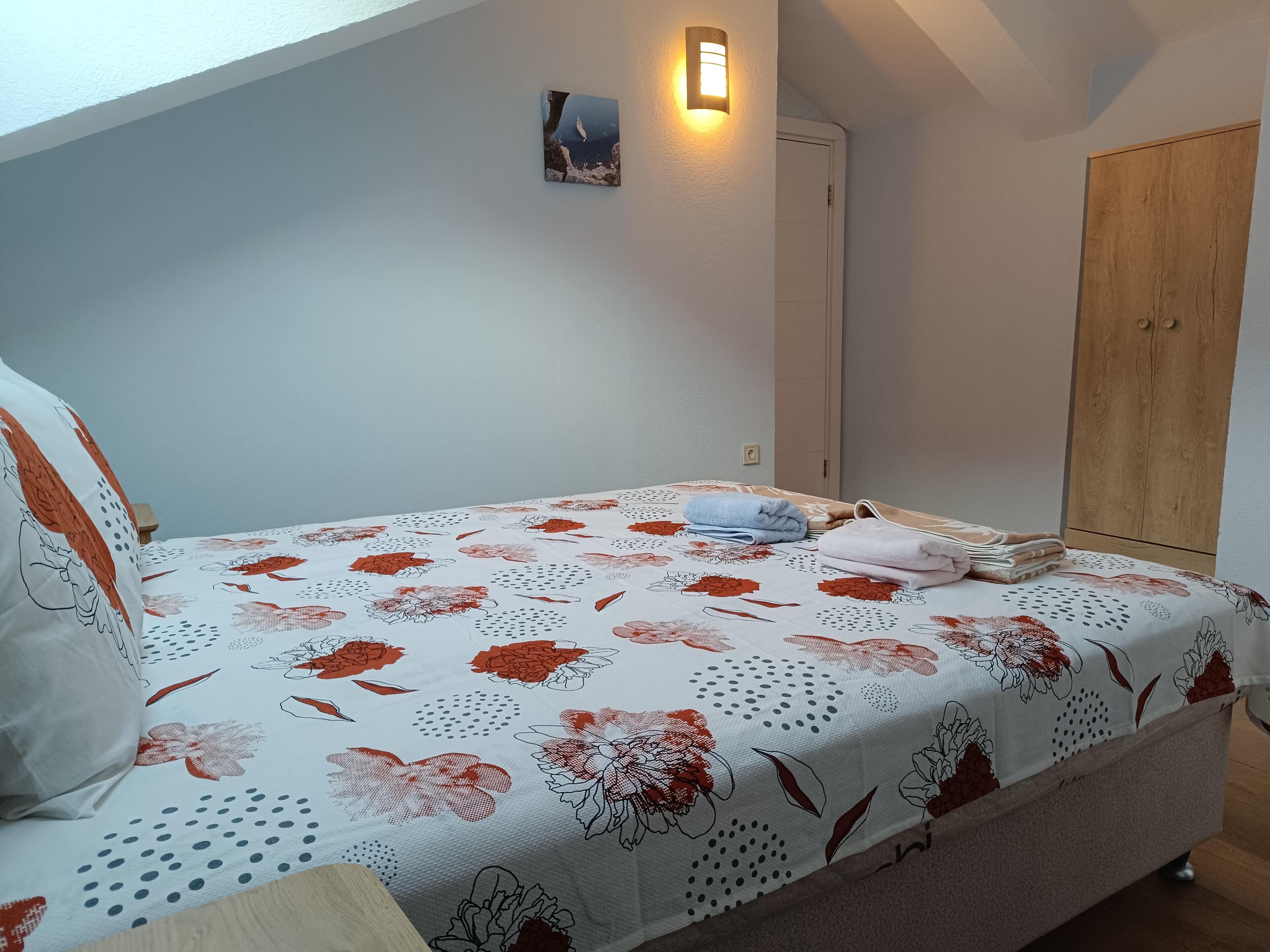 A bedroom with a bed, a wall-mounted light, a door, and a wardrobe.