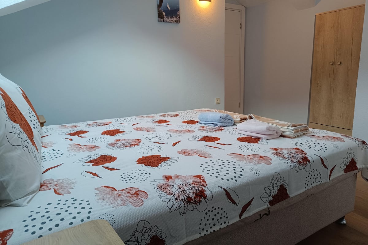 A bedroom with a bed, a wall-mounted light, a door, and a wardrobe.