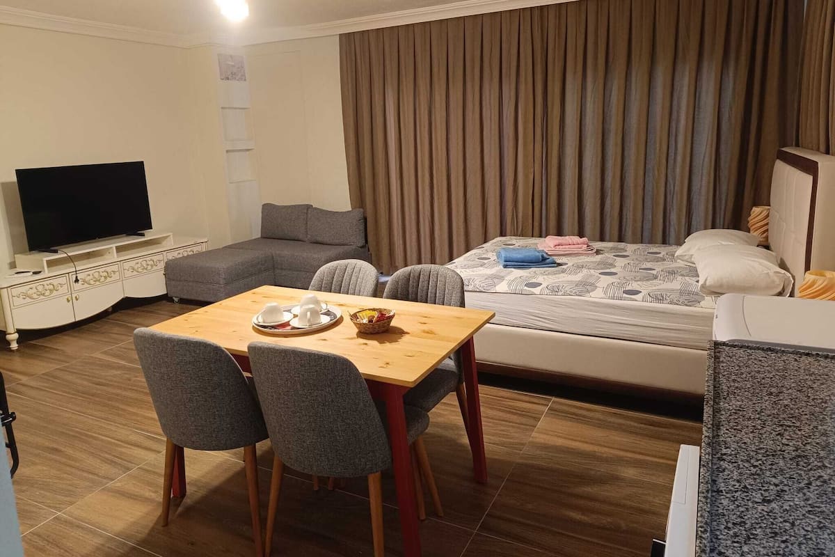 A compact hotel room with a sofa, a bed, a dining table with chairs, a television, and a curtain.