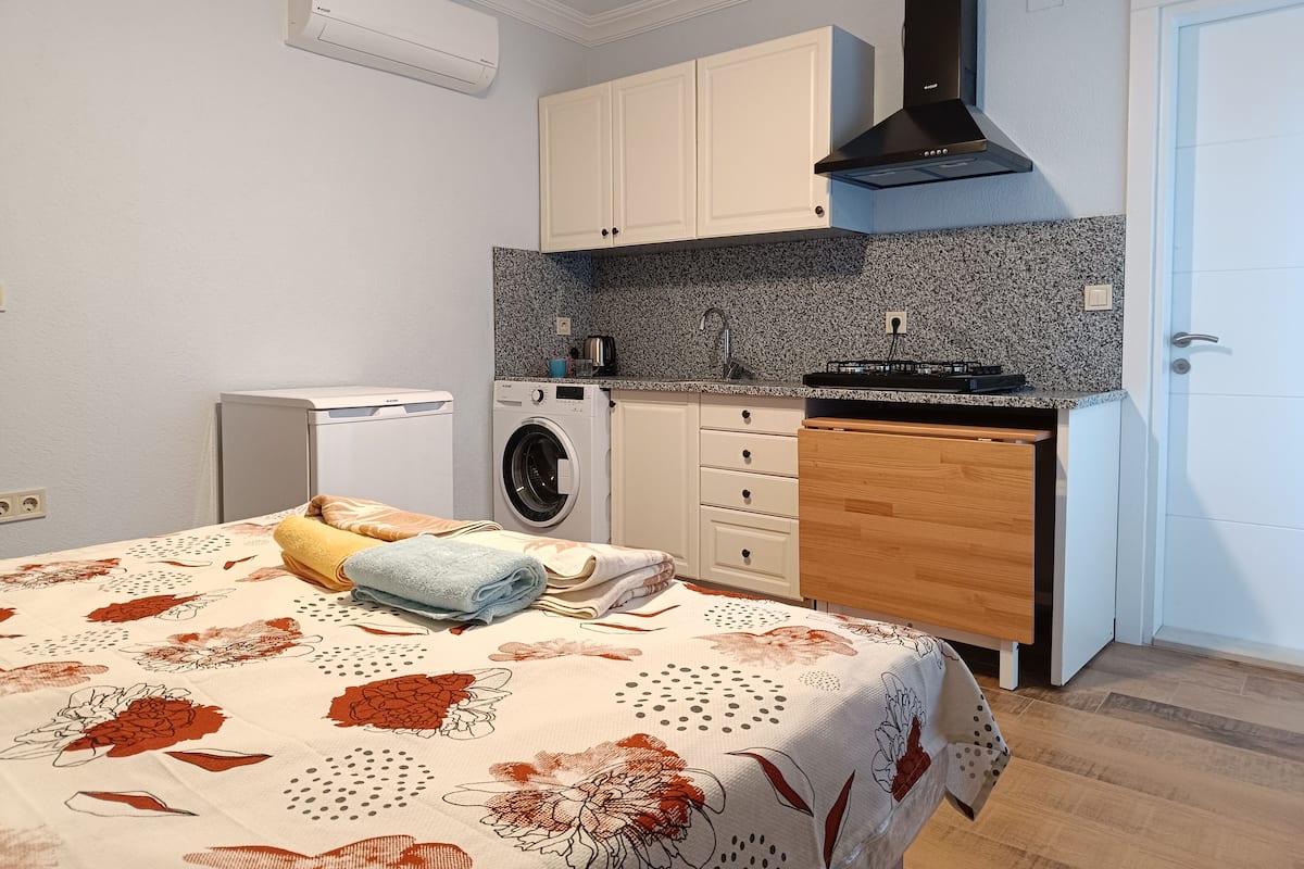 A compact room with a bed, a washing machine, a small kitchen with a stove, and a door.