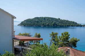 A balcony with a view of a lake and a forested island. - Panoramic Apartments Anić (Blato)