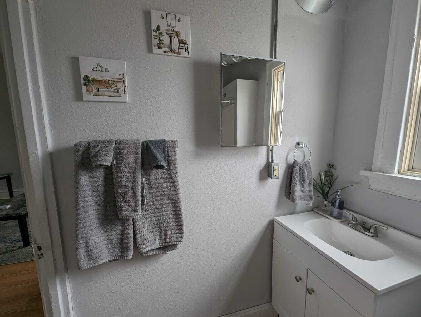 Et badeværelse med en hvid vask, et spejl og to håndklæder hængende på væggen.