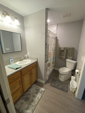 Shower, hair dryer, towels, soap