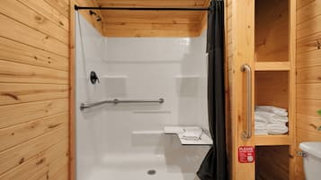 Shower, towels, soap, shampoo