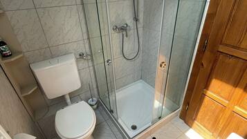 A modern bathroom with a glass-enclosed shower, a toilet, and a bathtub.